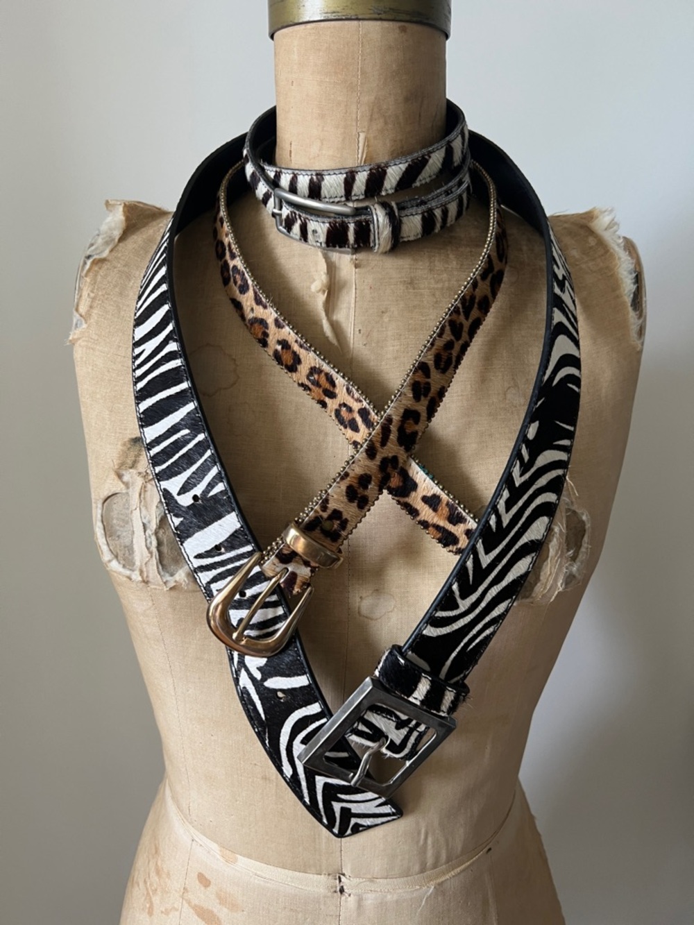 Vintage zebra pony hair belts and cheetah pony hair belt